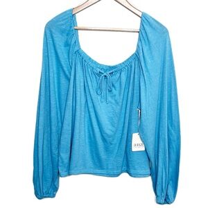 NWT Ana A New Approach Women's‎ Square Neck Long Sleeve Tie Boho Blouse Top Blue
